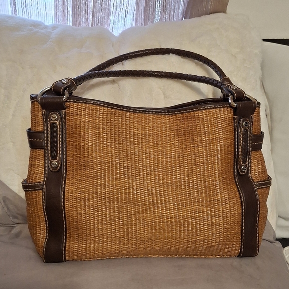 Fossil Handbags - Fossil Key Per Tan Rattan and Brown Leather Woven Tote Bag 13x9
